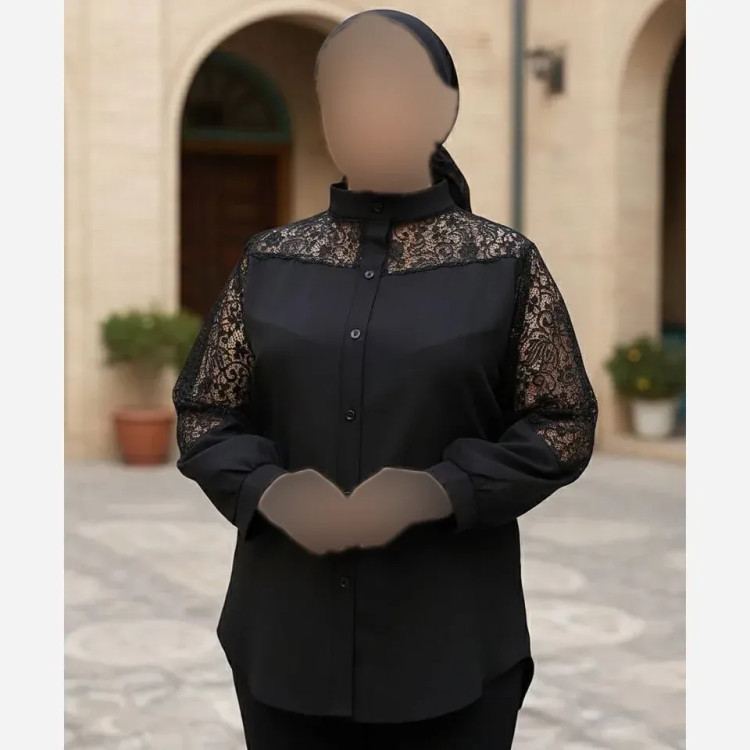 مانتو کامیلا پرشین نگین مشکی براق و تور سایزبندی کامل قد 74 تا 83
