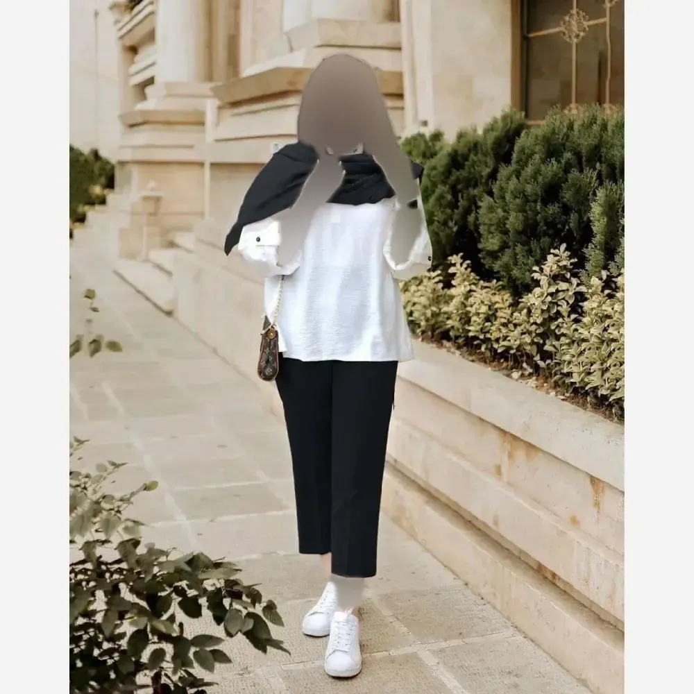 شومیز شلوار مدل آرزو جنس سوفیا مازراتی در رنگ بندی کرم کله غازی مشکی سایز 38 تا 46