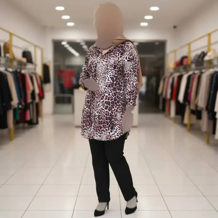 شومیز پلنگی زنانه جنس کاملس سایزبندی 38 تا 48 قد 82 کد 4789