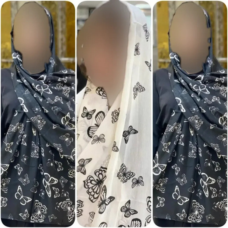 شال بهاران تمام نخ زنانه ابعاد 65×190 سانت سفید پروانه ای مشکی پروانه ای