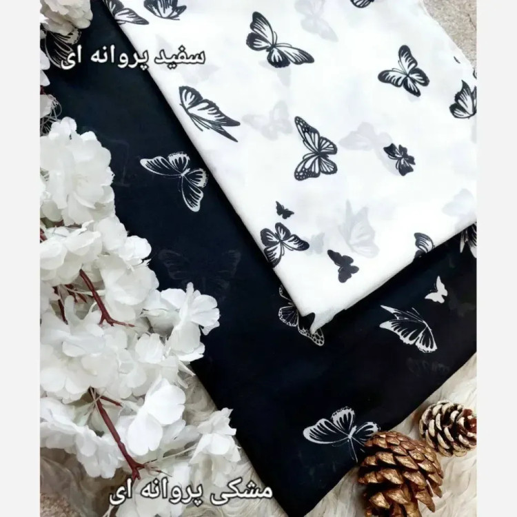 شال بهاران تمام نخ زنانه ابعاد 65×190 سانت سفید پروانه ای مشکی پروانه ای