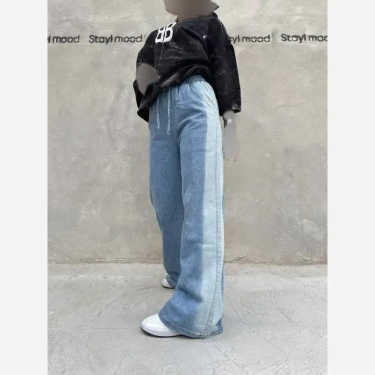 شلوار فول بگ جین کاغذی سنگشور شده مشکی و آبی در سایزهای XL, 2XL, 3XL