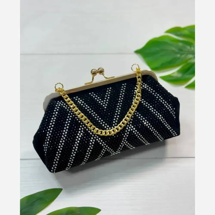 کیف مجلسی زنانه مهرو نانسی نگین دار مشکی بند بلند گوشیخور 12*22 سانت