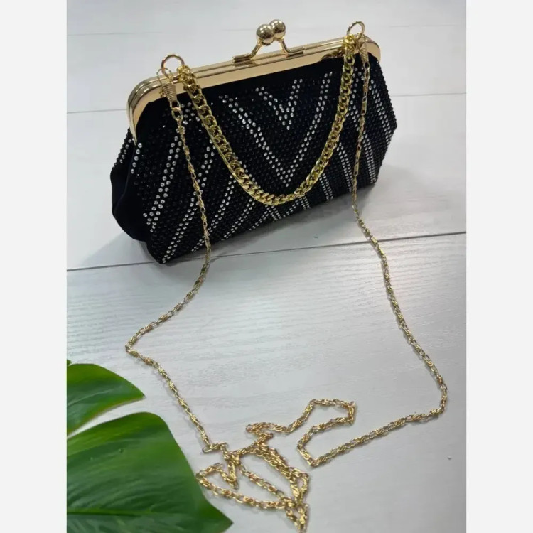 کیف مجلسی زنانه مهرو نانسی نگین دار مشکی بند بلند گوشیخور 12*22 سانت