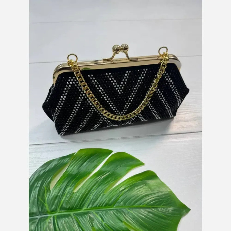 کیف مجلسی زنانه مهرو نانسی نگین دار مشکی بند بلند گوشیخور 12*22 سانت