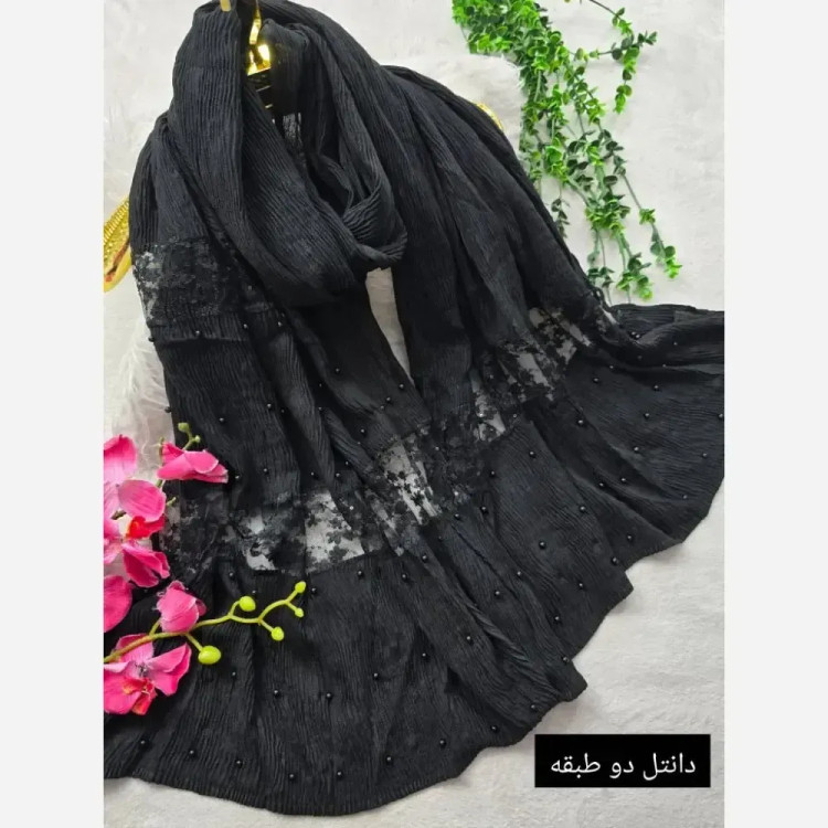 شال مجلسی برشکا وارداتی خرجکار دانتل فری سایز مروارید پرچ شده ابعاد 77*200