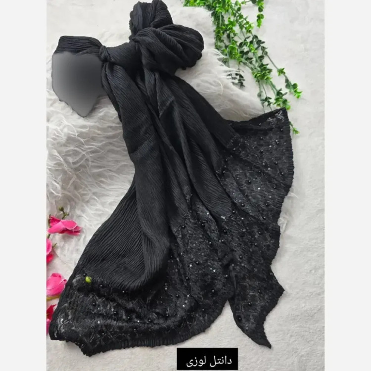 شال مجلسی برشکا وارداتی خرجکار دانتل فری سایز مروارید پرچ شده ابعاد 77*200