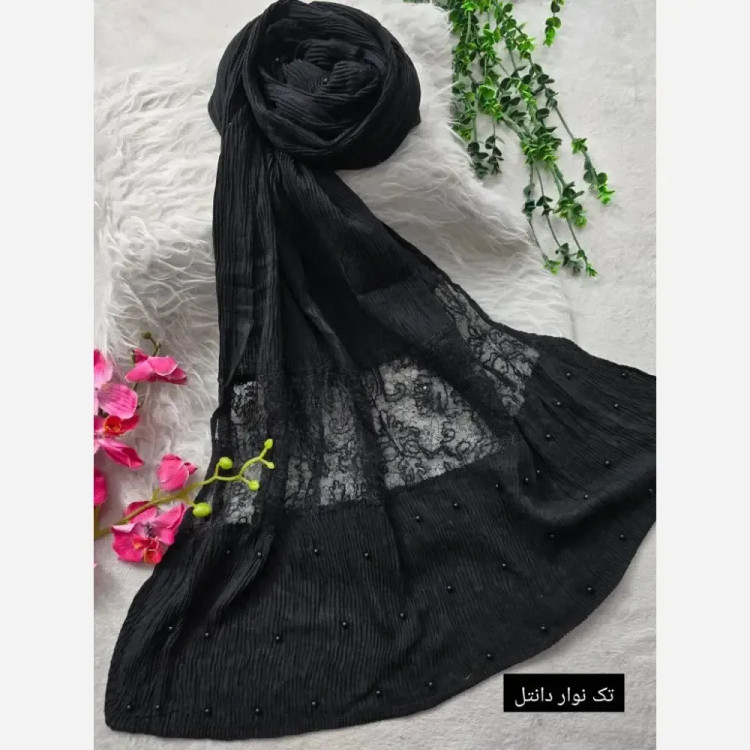 شال مجلسی برشکا وارداتی خرجکار دانتل فری سایز مروارید پرچ شده ابعاد 77*200