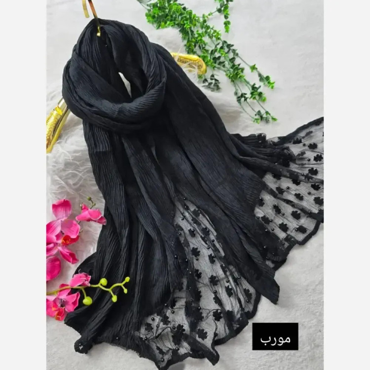 شال مجلسی برشکا وارداتی خرجکار دانتل فری سایز مروارید پرچ شده ابعاد 77*200
