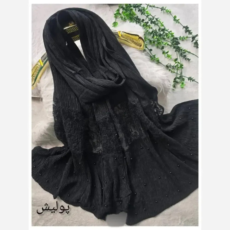 شال مجلسی برشکا وارداتی خرجکار دانتل فری سایز مروارید پرچ شده ابعاد 77*200