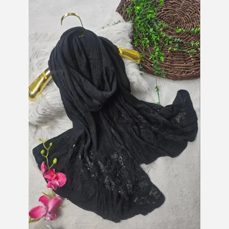شال مجلسی برشکا وارداتی خرجکار دانتل فری سایز مروارید پرچ شده ابعاد 77*200