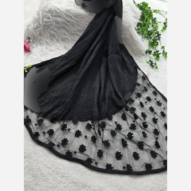 شال مجلسی برشکا وارداتی خرجکار دانتل فری سایز مروارید پرچ شده ابعاد 77*200