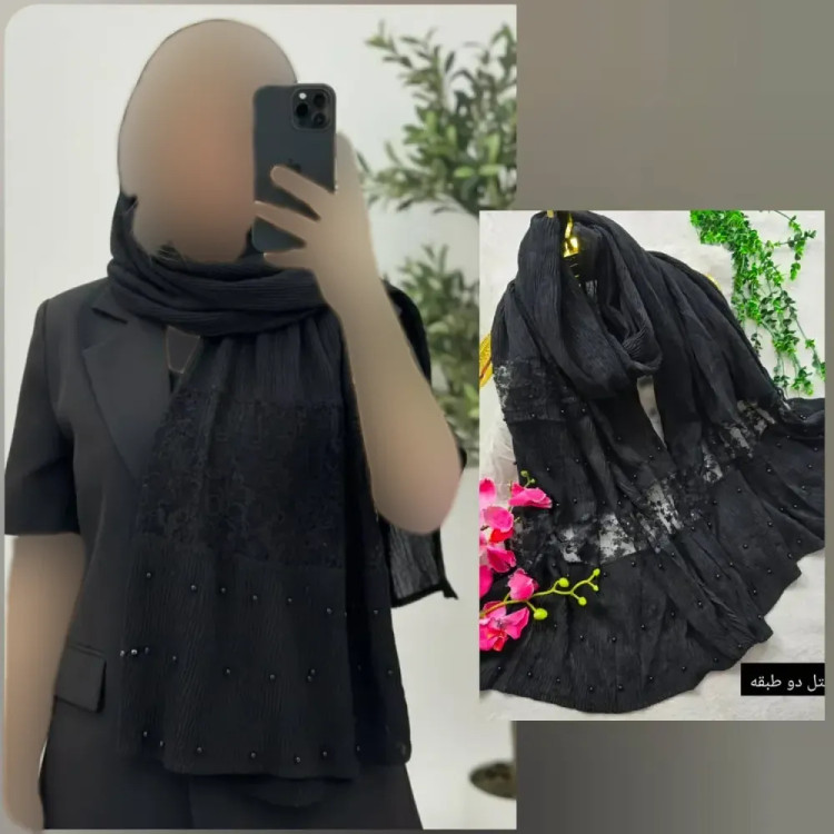 شال مجلسی برشکا وارداتی خرجکار دانتل فری سایز مروارید پرچ شده ابعاد 77*200