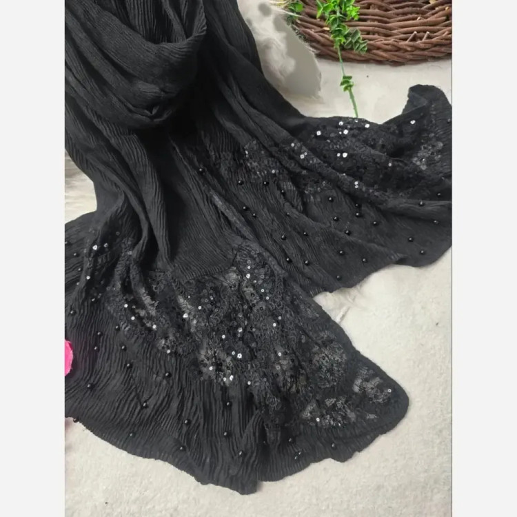 شال مجلسی برشکا وارداتی خرجکار دانتل فری سایز مروارید پرچ شده ابعاد 77*200