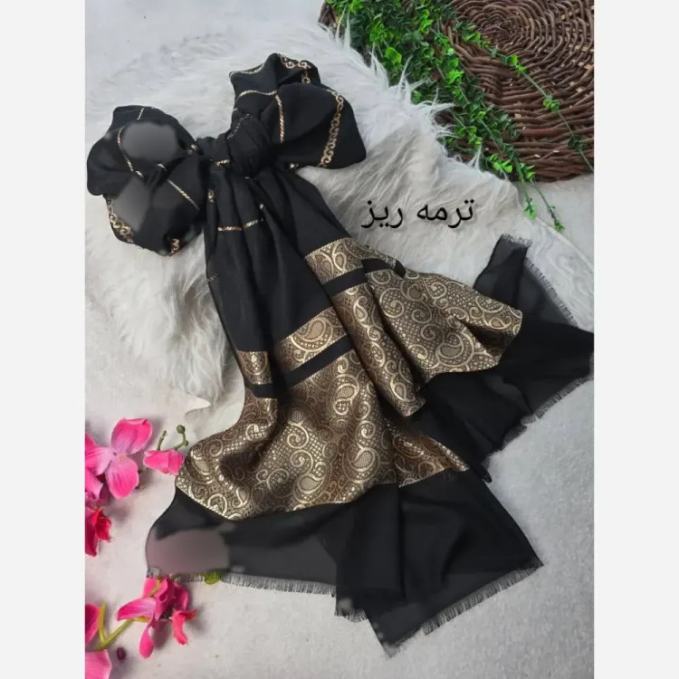 شال لعیا نخ حریر طرح گلد الگانس ابعاد 73x190 بدون چروک و سر خوردن فری سایز