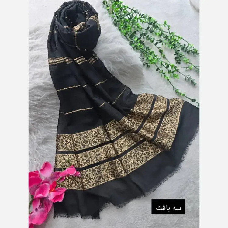 شال لعیا نخ حریر طرح گلد الگانس ابعاد 73x190 بدون چروک و سر خوردن فری سایز