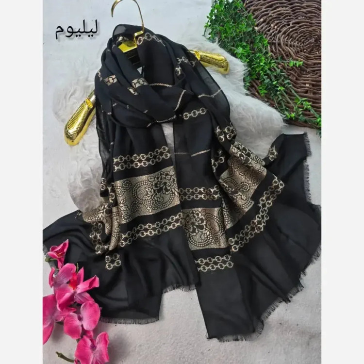 شال لعیا نخ حریر طرح گلد الگانس ابعاد 73x190 بدون چروک و سر خوردن فری سایز