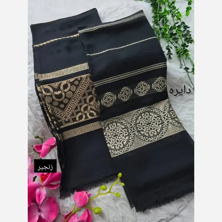 شال لعیا نخ حریر طرح گلد الگانس ابعاد 73x190 بدون چروک و سر خوردن فری سایز