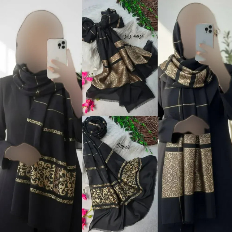 شال لعیا نخ حریر طرح گلد الگانس ابعاد 73x190 بدون چروک و سر خوردن فری سایز