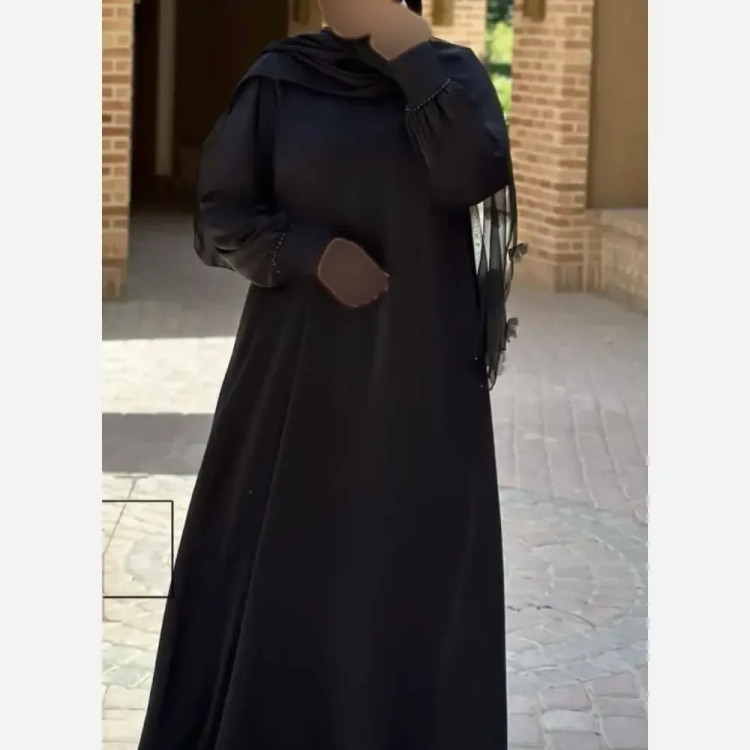 عبا مجلسی زنانه مدل مروارید فری سایز مشکی قد 135 جنس الیزه درجه یک با بند تنظیم سایز کیفیت مزونی
