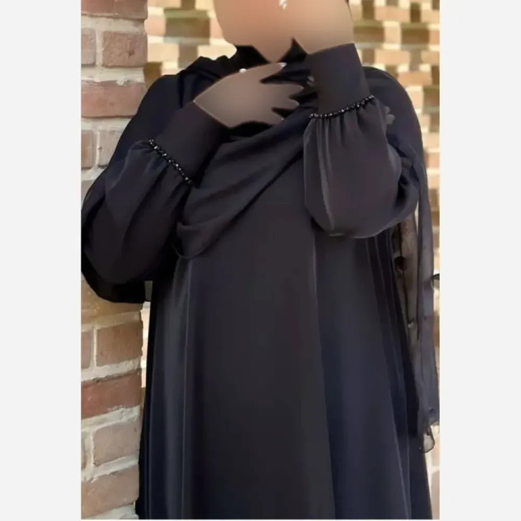 عبا مجلسی زنانه مدل مروارید فری سایز مشکی قد 135 جنس الیزه درجه یک با بند تنظیم سایز کیفیت مزونی