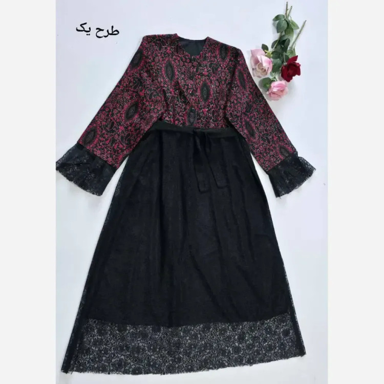پیراهن یلدایی گلرخ فری تا 48 تافته شاین پرشیا و دانتل کمربند دار دکمه کاربردی