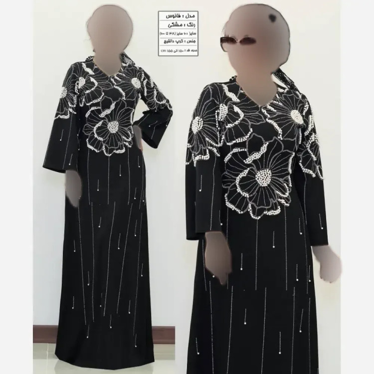 مانتو فانوس کرپ دالقیچ مشکی با نگین و مروارید سایزبزرگ قد 150-155