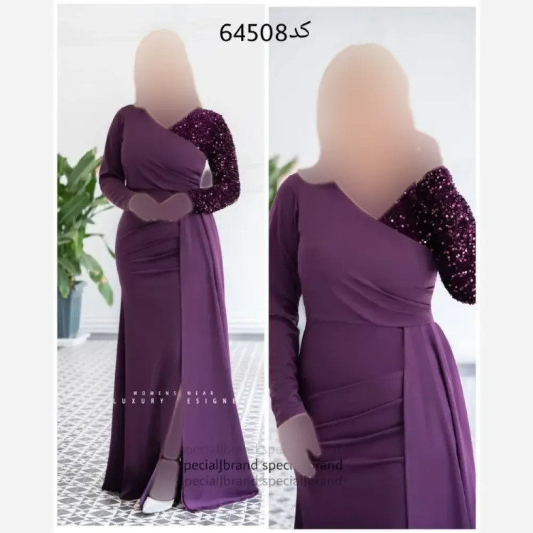 لباس مجلسی ماکسی صدف کرپکش و پولک مخمل قد 155 پشت زیپ سبز بنفش سایز 38 تا 50