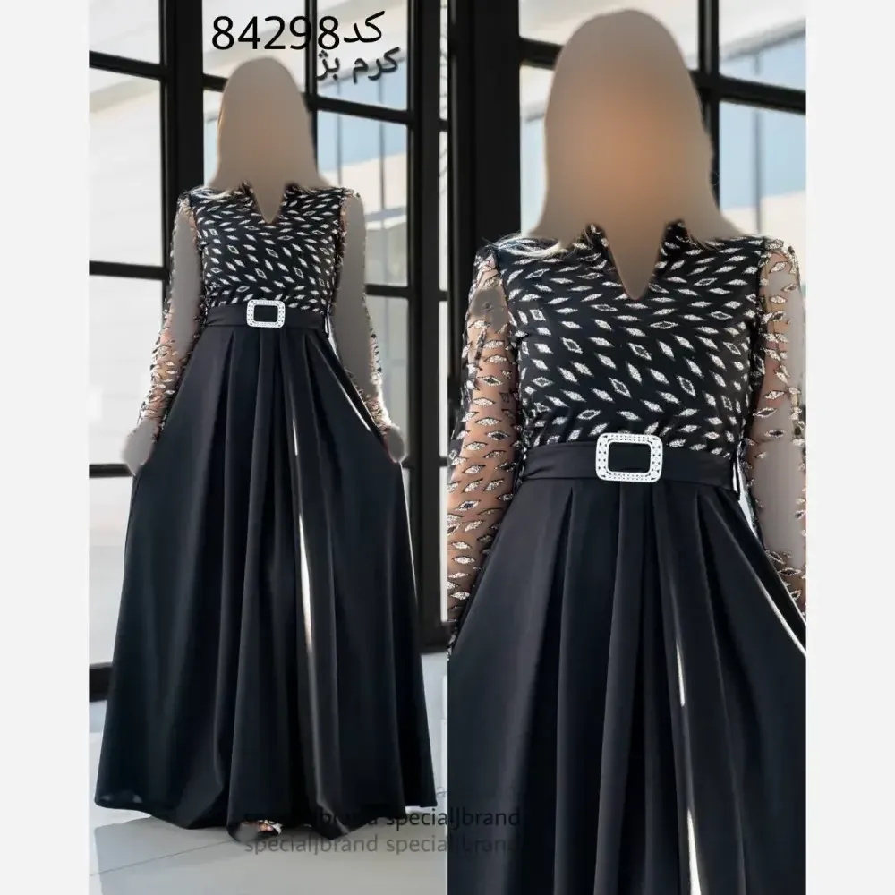 پیراهن مجلسی زنانه مهرآرا کد 5026 کرپ دورو فلوک شاین قد 150 کمربنددار