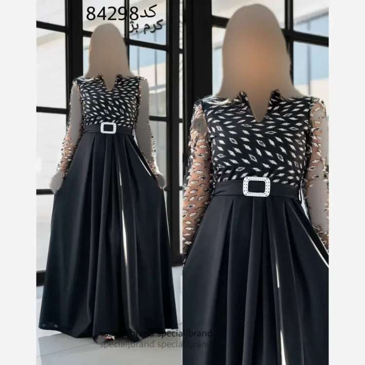 پیراهن مجلسی زنانه مهرآرا کد 5026 کرپ دورو فلوک شاین قد 150 کمربنددار