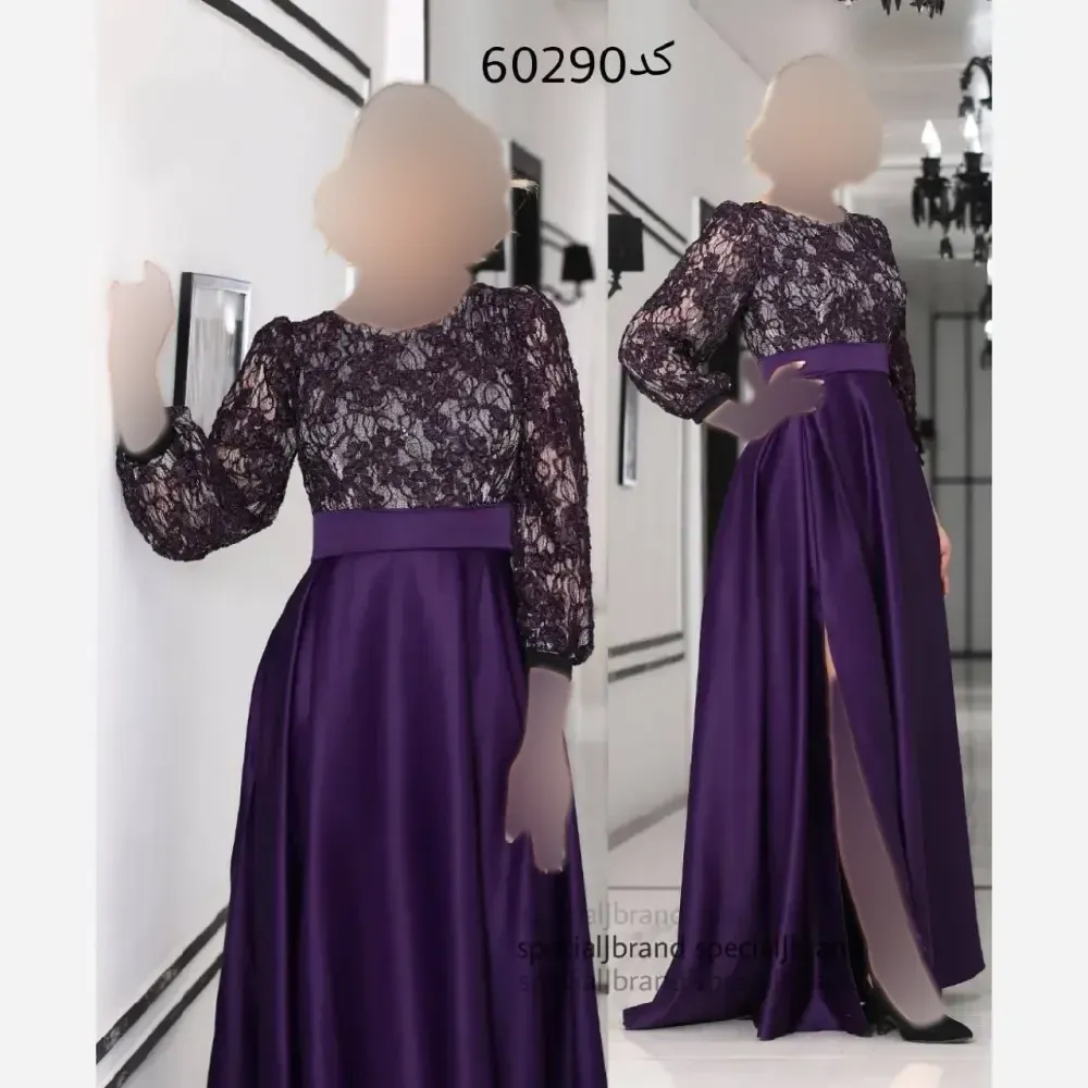 پیراهن مجلسی زنانه آندیا مدل ماکسی بنفش قد 160 دانتل برجسته قیطونی لمه دوزی ساتن آمریکایی زیپ دار سایز 38 تا 44