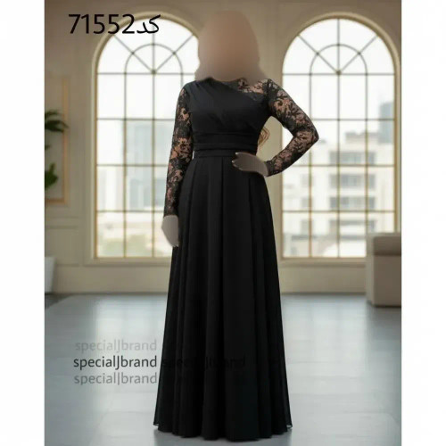 پیراهن مجلسی ماکسی نازمهر غواصی و گیپور طرح دار مشکی قد 160 سایز 40-42