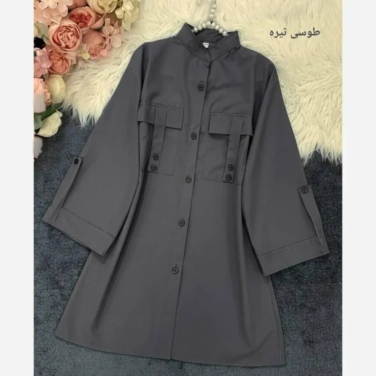 مانتو داکرون اعلا جیب صلیبی رنگ بندی طوسی تیره روشن سرخ سایز 1 2