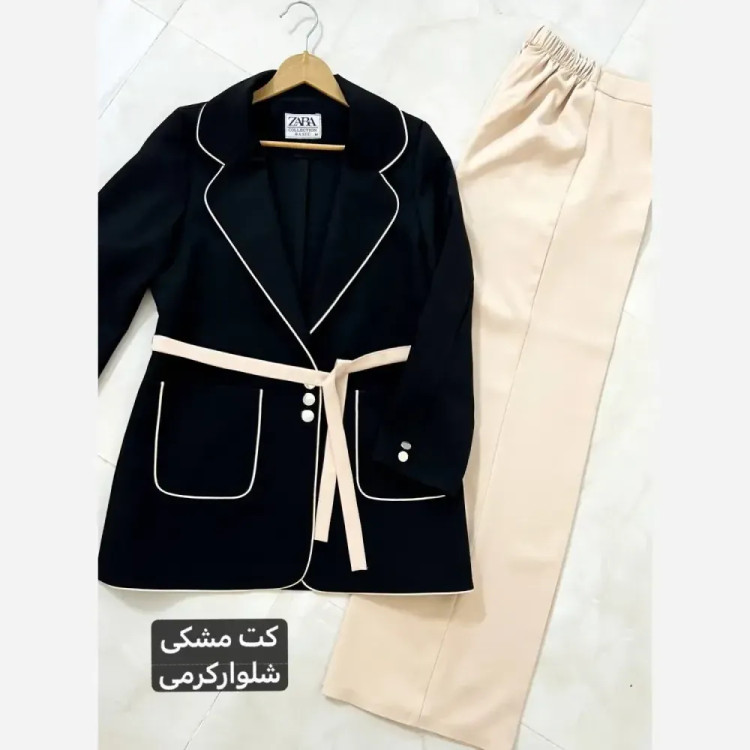 کت و شلوار دو رنگ کرپ مازراتی زنانه مغزی دوزی شده کمربنددار سایزبندی 1 و 2