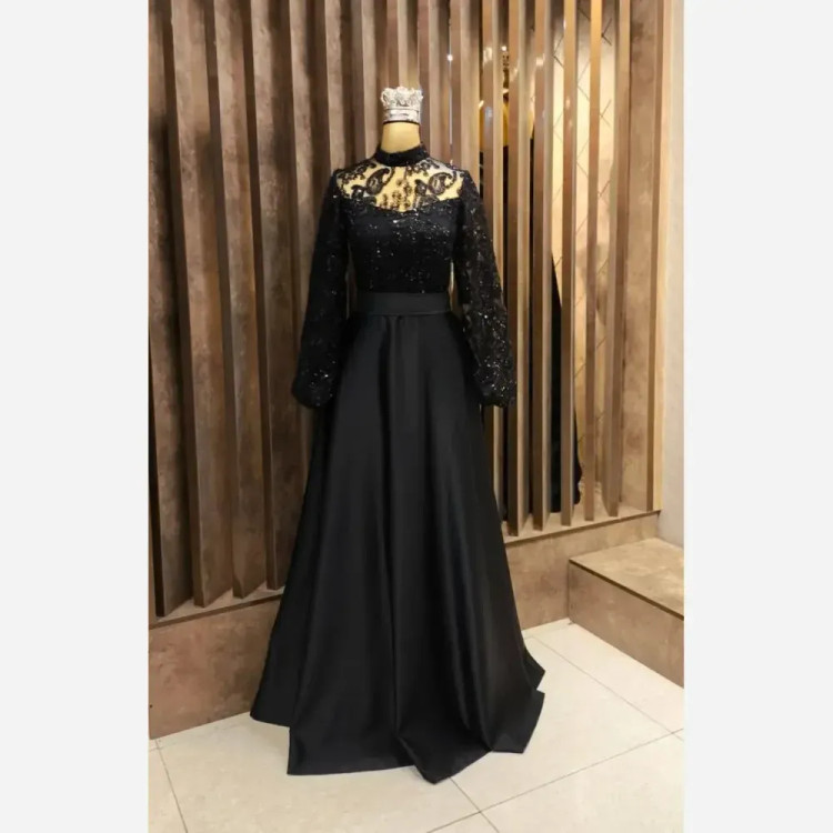 پیراهن زنانه مجلسی ساتن آمریکایی مشکی کد 505 سایزبندی کامل
