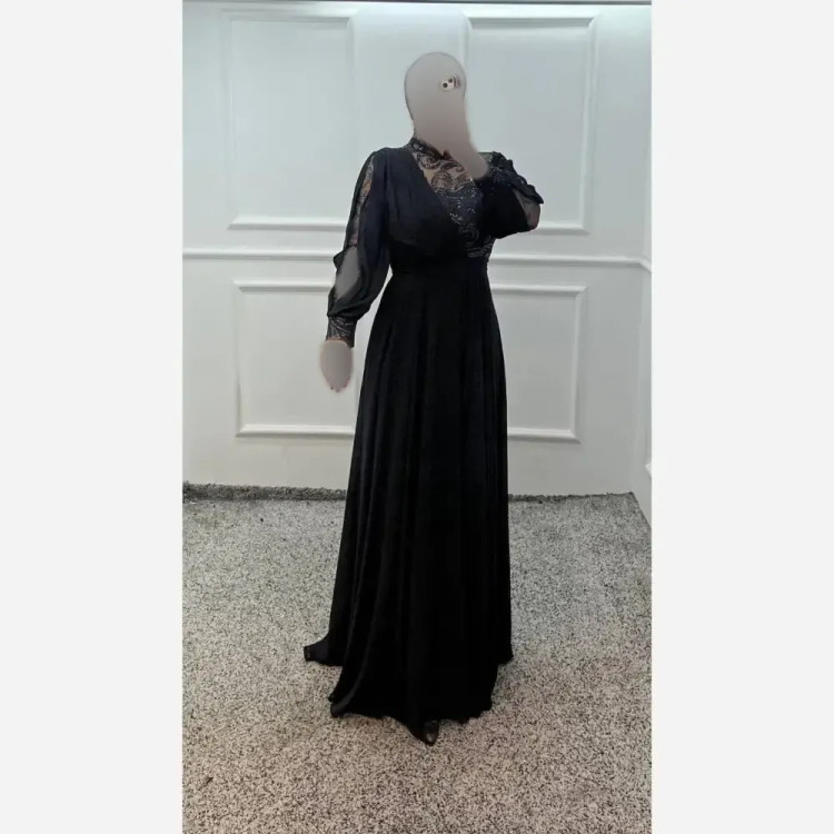 پیراهن ماکسی زنانه پاریس کد 1 کمربنددار حریر شاین مشکی قد 152