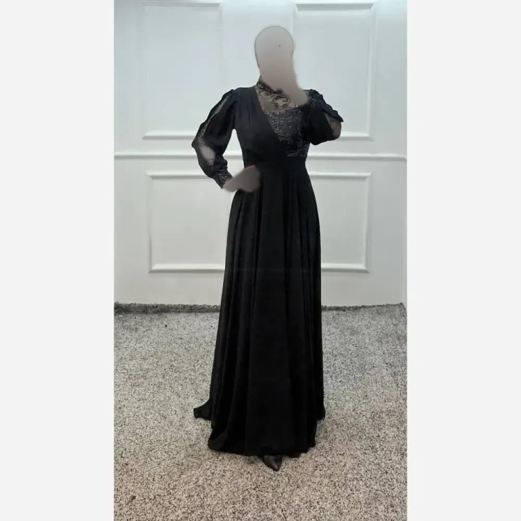 پیراهن ماکسی زنانه پاریس کد 1 کمربنددار حریر شاین مشکی قد 152