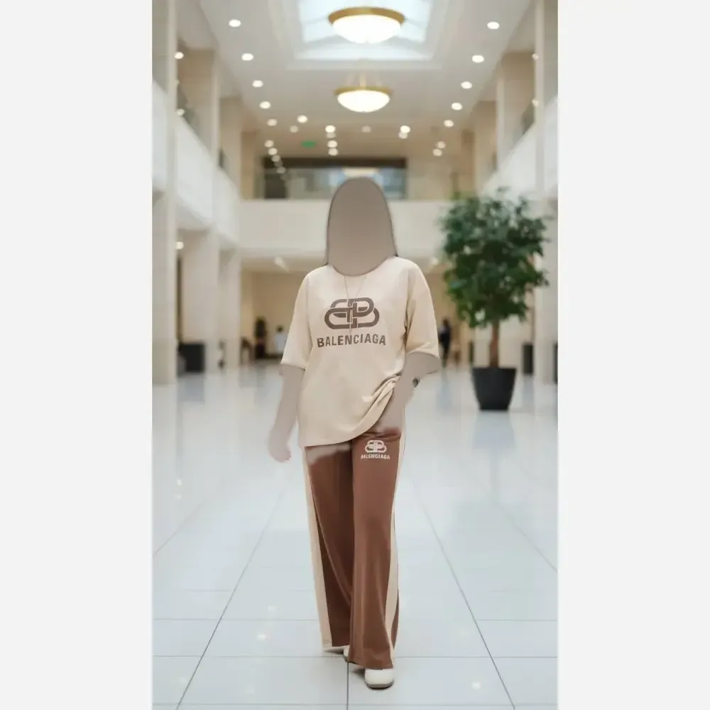 ست تیشرت شلوار لانگ بالنسیاگا گلکسی پنبه کرم قهوه ای فری سایز 38_50