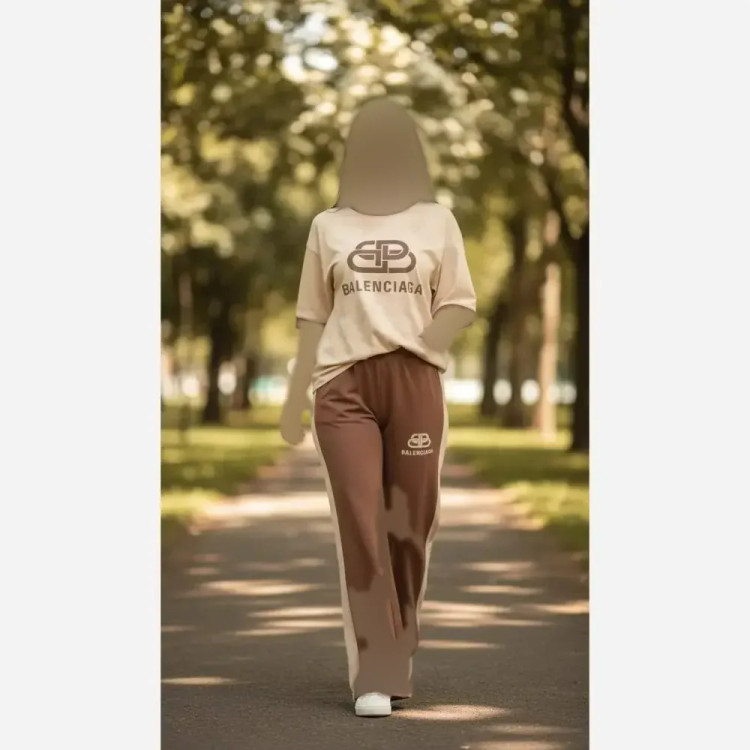 ست تیشرت شلوار لانگ بالنسیاگا گلکسی پنبه کرم قهوه ای فری سایز 38_50