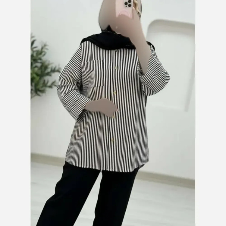 شومیز زنانه ماه نوش کرپ کش فری سایز 38 تا 48 طرح راه راه سفید و مشکی