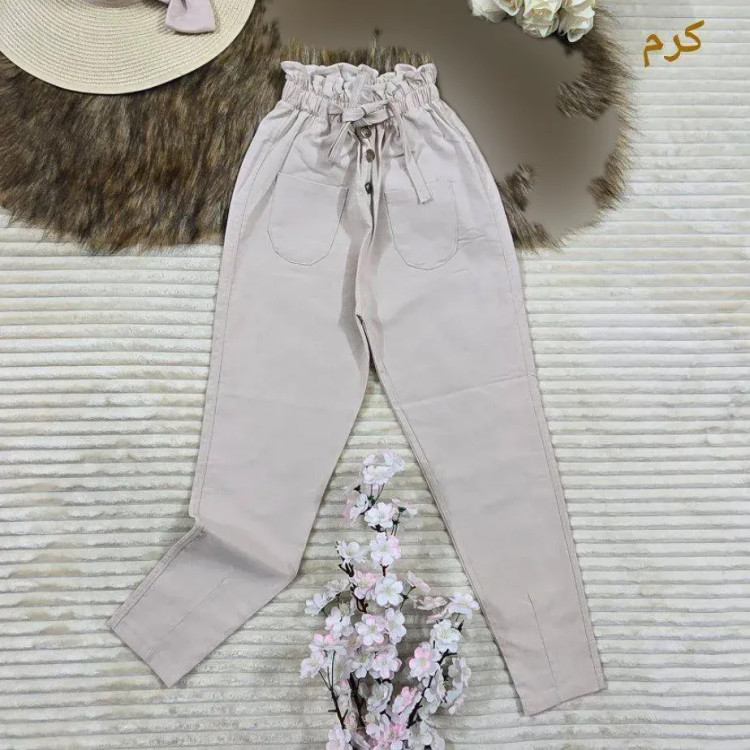 شلوار کتان مام فیت کمر هویجی زنانه سایز 40 تا 50 رنگ مشکی کرم سفید سبز نسکافه ای