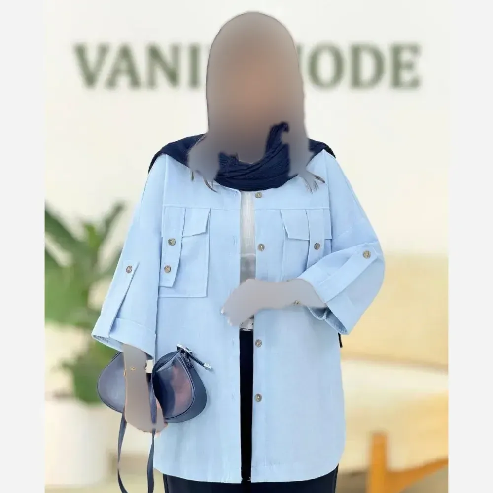 مانتو لنین جیب صلیبی زنانه فری سایز تا 48 رنگ کرم شتری آبی سبز استخونی قد 75