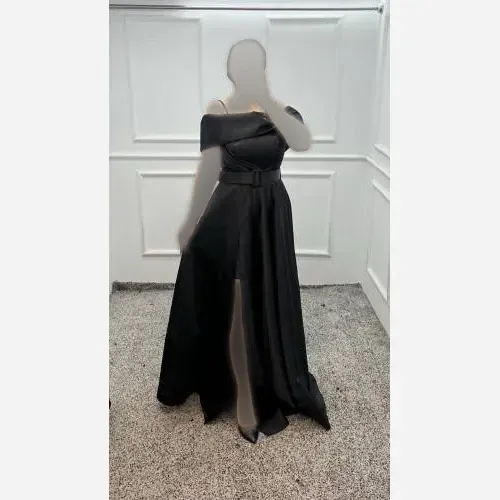 پیراهن ماکسی زنانه ساتن آمریکایی مشکی کمربنددار کد 1