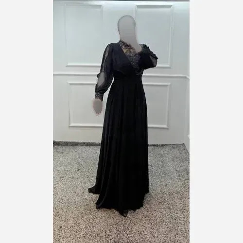 پیراهن ماکسی زنانه مجلسی حریر شاین دار مشکی کمربنددار قد 152