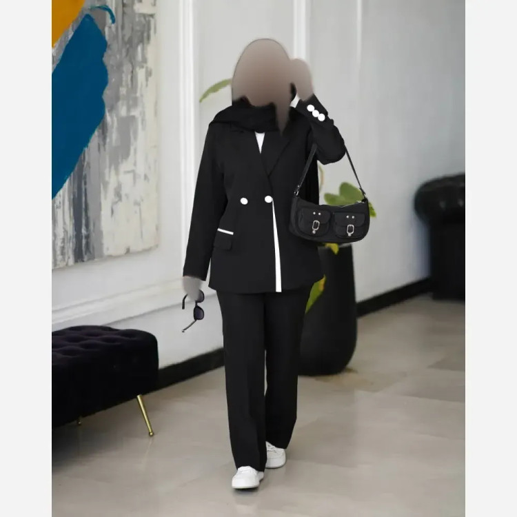 ست کت و شلوار زنانه پارچه مازراتی نخ دبل یقه انگلیسی فری سایز