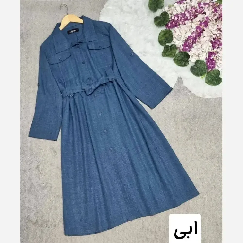 مانتو بلند زنانه مدل شهره جنس شانتون درجه یک جلو دکمه دار با کمربند