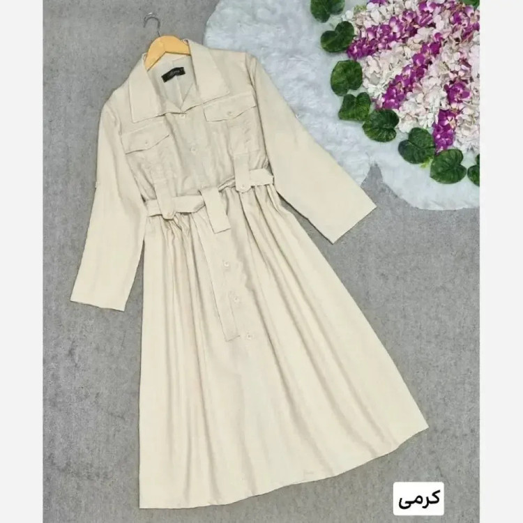 مانتو بلند زنانه مدل شهره جنس شانتون درجه یک جلو دکمه دار با کمربند
