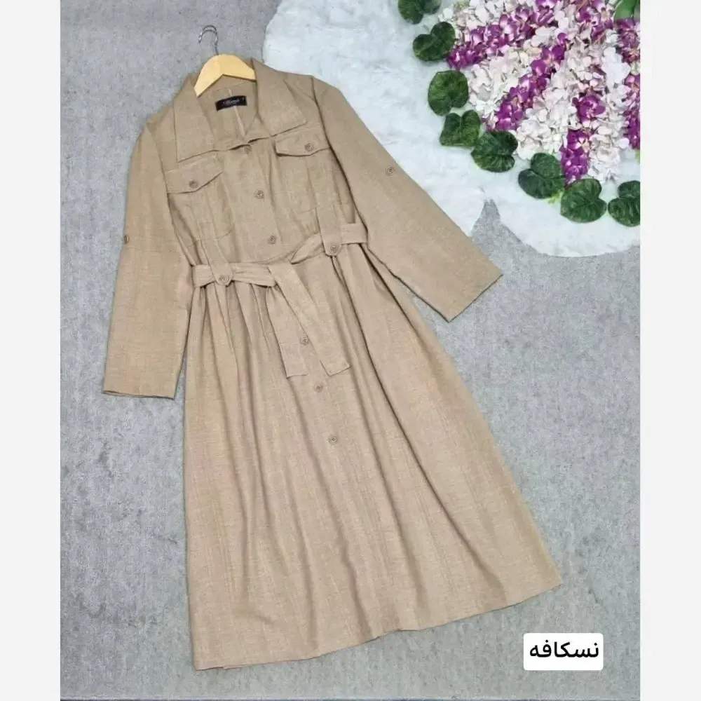 مانتو بلند زنانه مدل شهره جنس شانتون درجه یک جلو دکمه دار با کمربند