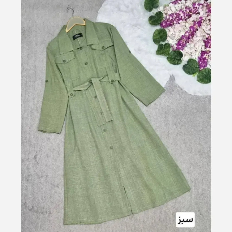 مانتو بلند زنانه مدل شهره جنس شانتون درجه یک جلو دکمه دار با کمربند