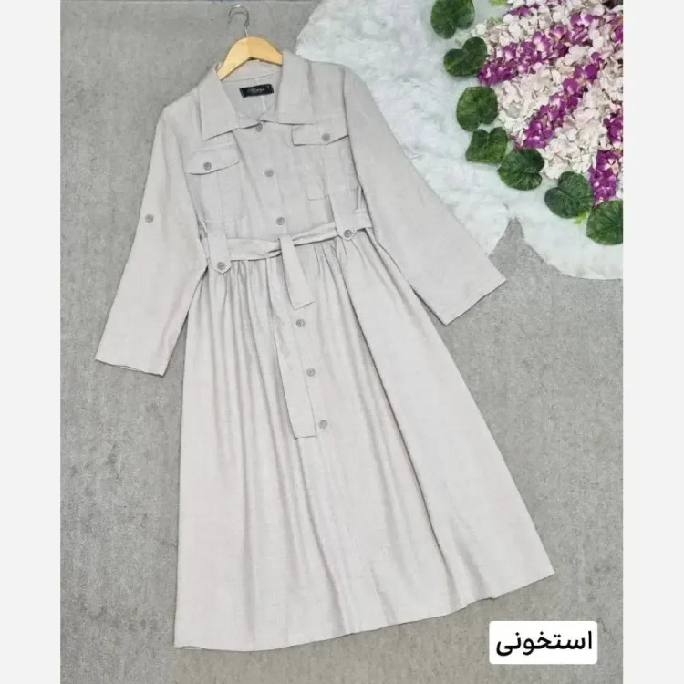 مانتو بلند زنانه مدل شهره جنس شانتون درجه یک جلو دکمه دار با کمربند